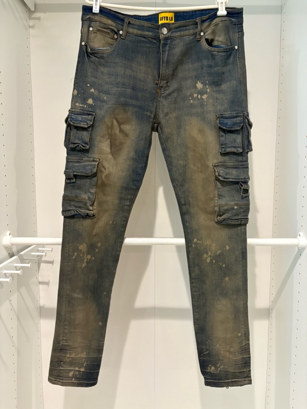 GFTD LA Distressed Cargo Jeans in Washed Black/Olive 38x34